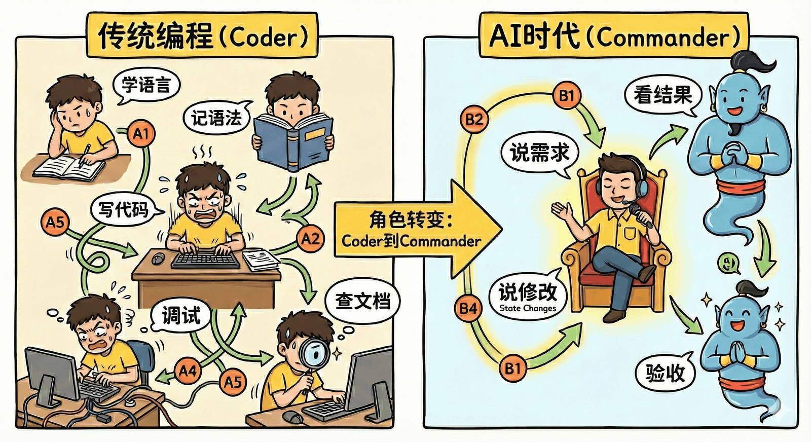 传统编程 Coder vs AI 时代 Commander——角色转变手绘漫画对比
