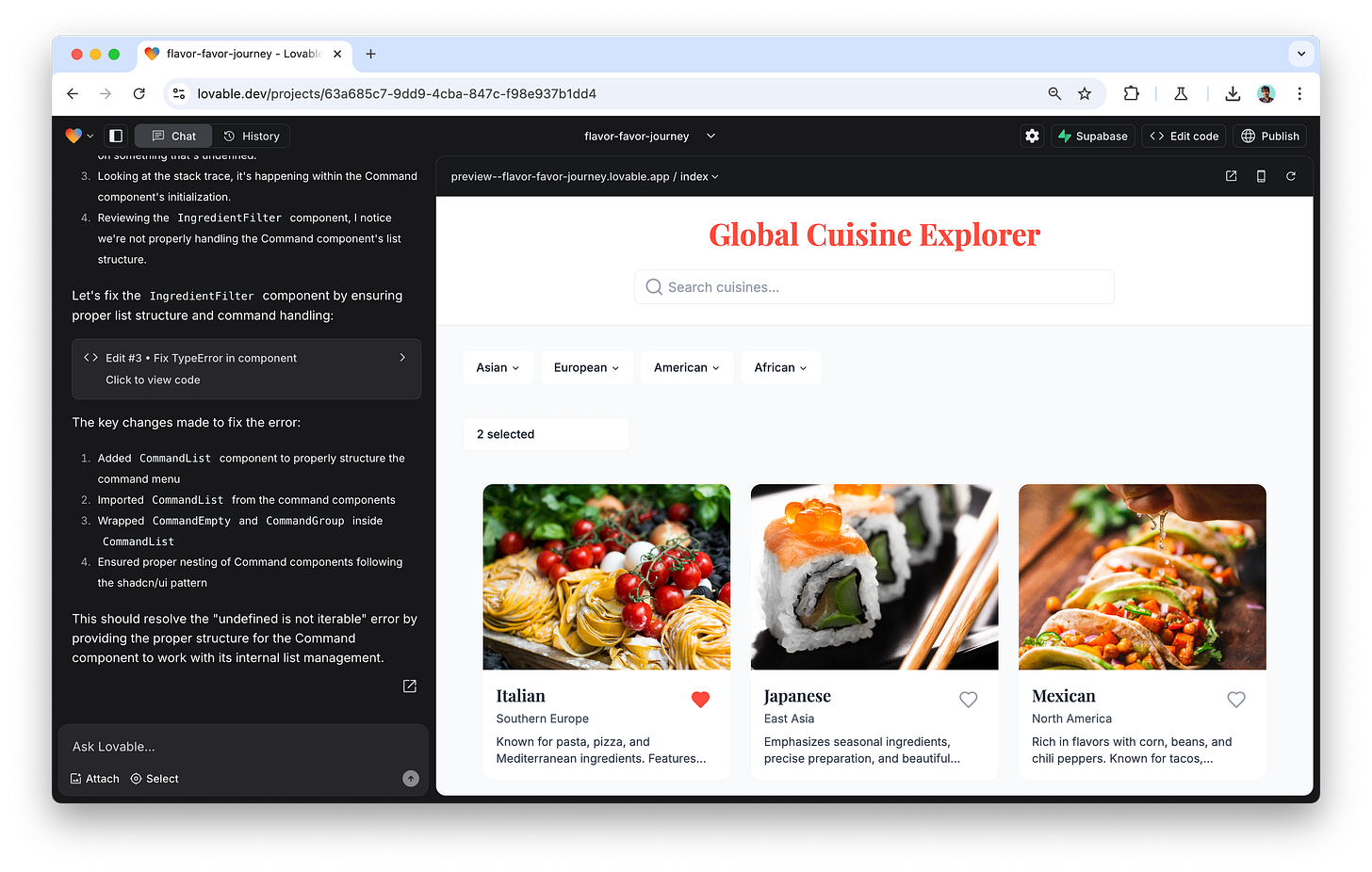 Lovable 实际界面截图——Global Cuisine Explorer 应用,展示设计感优先的 AI 编程体验