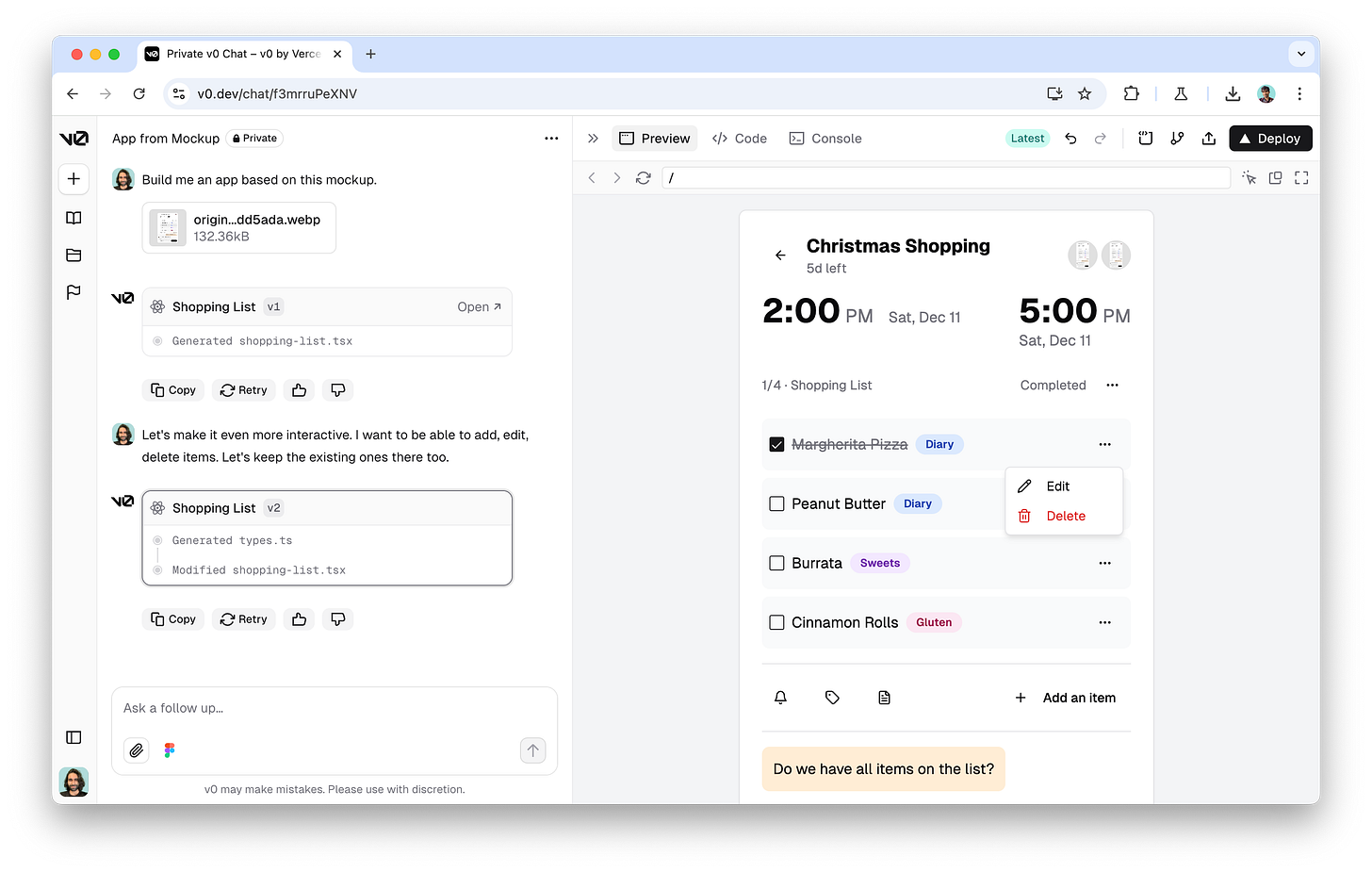 v0 工具实际界面截图——Vercel 出品,输入描述即可生成高质量 shadcn/ui 组件