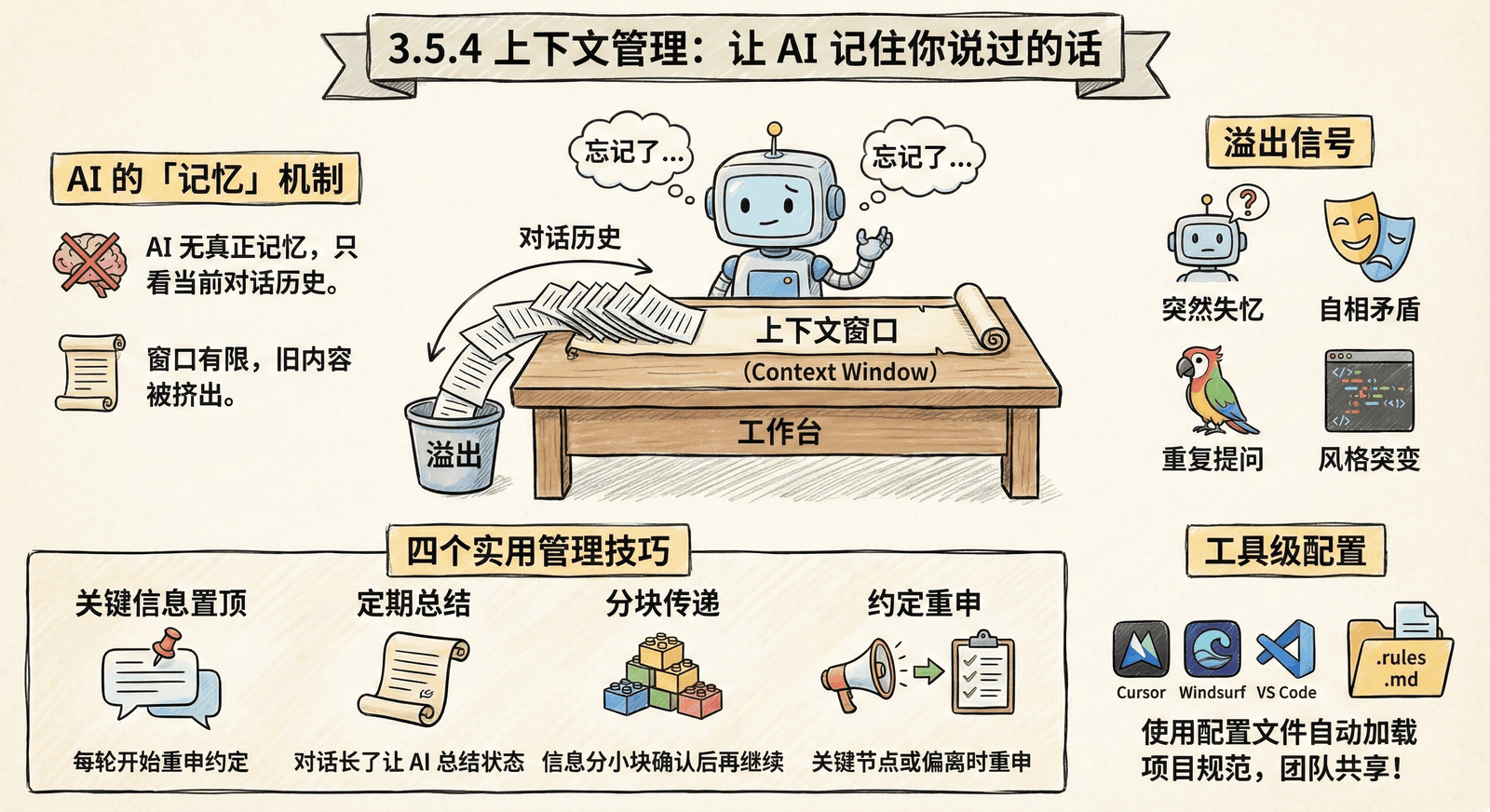 AI 的上下文窗口就像一块小黑板，写满了就得擦掉旧内容