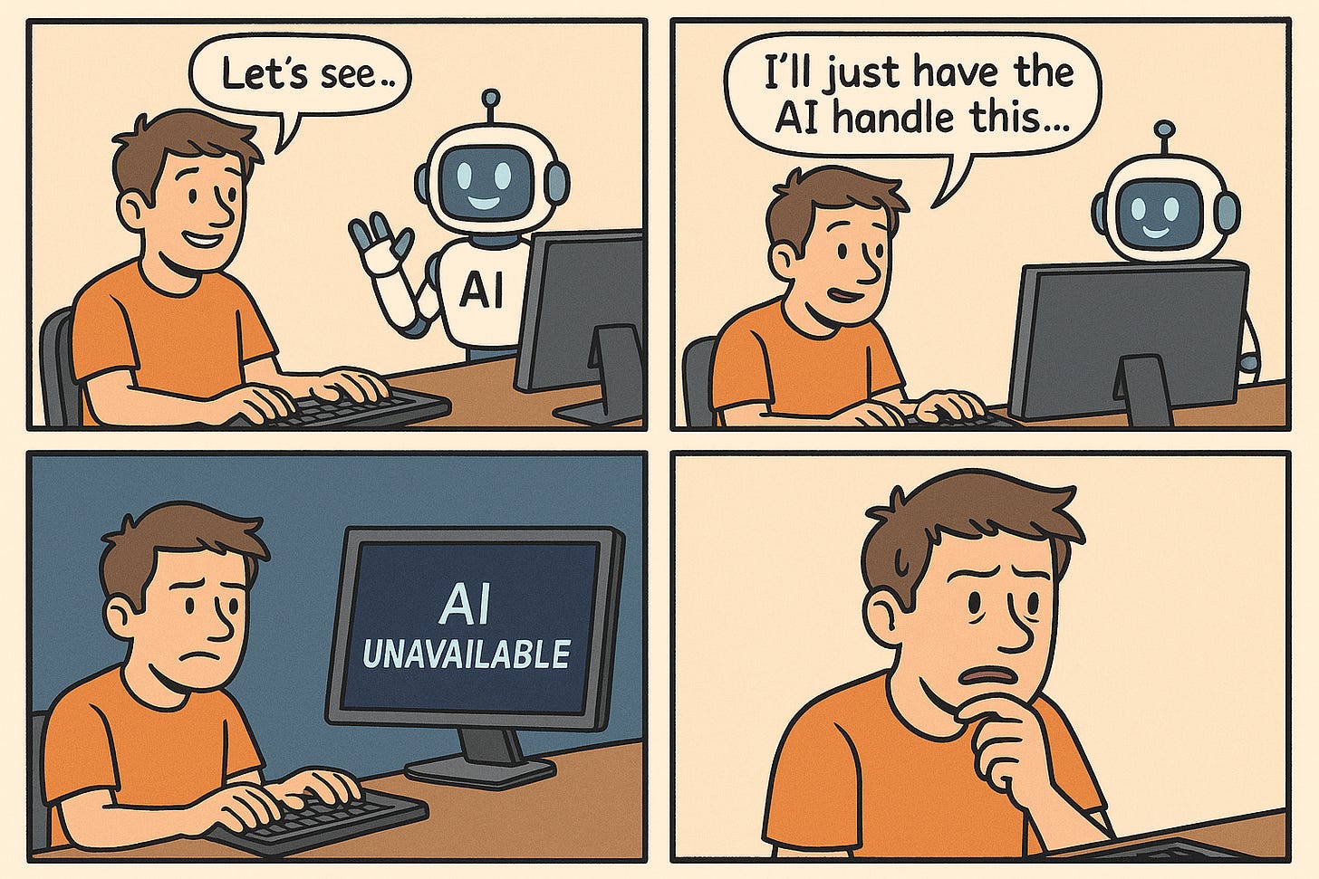 AI 技能退化漫画——当 AI 不可用时,过度依赖 AI 的开发者会陷入困境