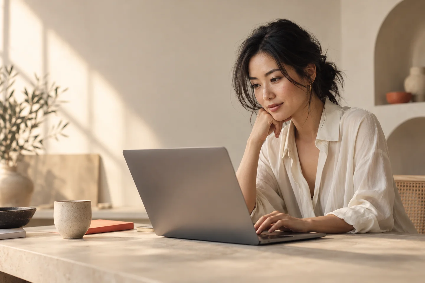 AI 生成的虚构成年女性在温暖的工作室使用电脑